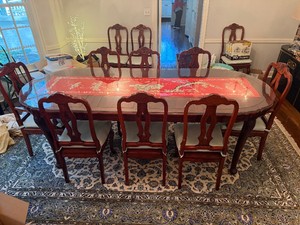 Vintage Ornate Rosewood Dining Table with Custom Glass Topper and 12 Matching Chairs (See note in description)