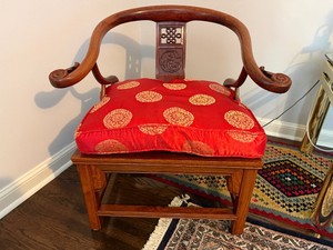 Vintage Chinese Carved Rosewood Corner Chair with Round Back and Red Cushion (30 wide x 28 deep)