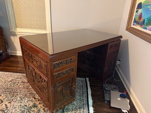 Beautiful Vintage Chinese Carved Wood Desk with Custom Glass Topper (54 x 34 x 31
