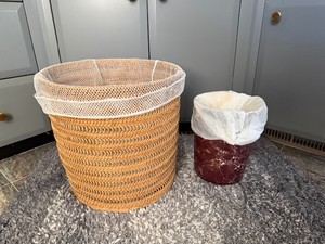 Wicker Hamper (14.5 x 14 Tall) and Small Burgandy Trash Can (8 x 10 Tall)