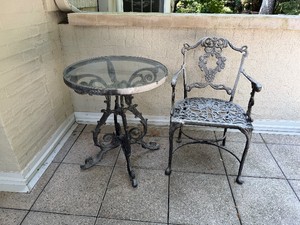 Decorative Wrought Iron Table with Glass Top 24.5 D x 28 T and Matching Wrought Iron Chair