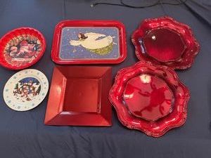 Christmas Themed Serving Trays - Six Total Tin and Plastic