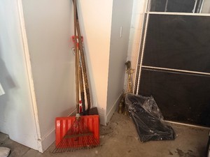 Two Metal Shovels, One Snow Shovel, Round Outdoor CornerEaves Sweeper, Rake