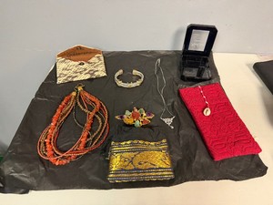 Vintage-Style Multi Strand Orange Beaded Necklace, Silver-Toned Cable Chained Pendant Necklace, Multi-Colored Gemstone Brooch, Silver-Toned Hinged Cuff Bracelet with Gold Accents with Protective Cases