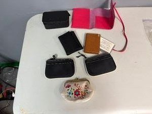 Hot Pink PassportID Case, Travel Jewelry Case, Black Wallet, Brown Cardholder and Three Small Coin Purses