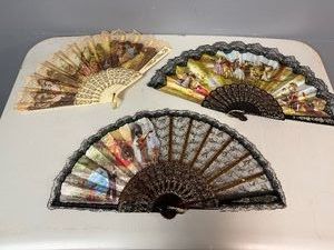 Vintage Spanish-Style Folding Fans Featuring Victorian Era and Spanish Couples with Black and White Lace Trim
