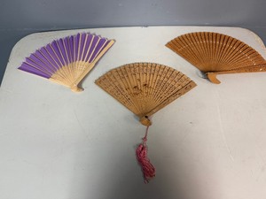 Vintage Japanese Wood Fans and Lavender Silk Folding Hand Fan