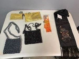 Orange Silk Choker Scarf, Black Silk Deco Rose Scarflette, Black and Gray Beaded Purses, Gold Walker San Francisco Zipper Bags
