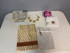 Square Crystal Jewelry Box, Gold Colored Choker, Vintage Cocktail Ring, Commemorative Pendant 1980 Jordanian Half Dinar Coin