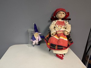 Vintage 1970s Soviet Union Handmade Doll with Rocking Chair and Vintage Wizard Figurine