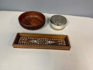 Vintage Hand-Carved Wooden Bowl (6), Vintage Ornate Glass Powder Puff Jar with Silver Plated Lid includes Puff and Mirror, Artisan Crafted Indian Wooden Tray 10 x 3 x 1
