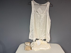 PJ Harlow White Satin Lounge Wear Set Size XS Tags Attached and Lavendar Scent Pillow