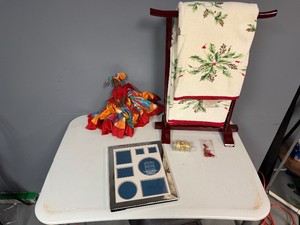 This and That Towel Holder with Two Bath Sized Christmas Towels, Silver Plated Picture Frame and Vintage Caribbean Doll