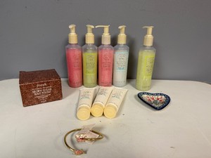 Mary Kay Satin Hand Shea Scrub (5), Mary Kay Satin Hands Softener (3), Fresh Brown Sugar Body Polish, Floral Heart-Shaped Trinket Dish, Chris Anderson Handcrafted Gold-Tone Cuff Bracelet