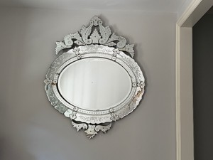 Stunning Antique Venetian Wall Mirror with Oval Center and Ornate Leaf-Form Crest Top.  Some imperfections. Please see photos.