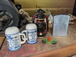 Vintage Ceramic Mugs, Whiskey Decanter, Lighter & Toy Motorcycle Mixed Lot