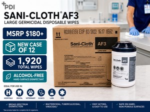 MSRP $180 NEW CASE OF 12 PDI SANI-CLOTH AF3 LARGE GERMICIDAL DISPOSABLE WIPE CANISTERS, 160 WIPES EACH (1,920 TOTAL), ALCOHOL-FREE HARD SURFACE DISINFECTANT FOR HOSPITALS, DENTAL, VETERINARY, CLINICS, LABS, EMS &amp PROFESSIONAL FACILITIES, EXPIRED