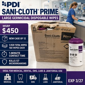 MSRP $450 NEW CASE OF 12 PDI SANI-CLOTH PRIME LARGE GERMICIDAL DISPOSABLE WIPE CANISTERS, 160 WIPES EACH (1,920 TOTAL), 1-MINUTE HOSPITAL-GRADE DISINFECTANT, KILLS 57 MICROORGANISMS, IDEAL FOR MEDICAL, DENTAL, EMS, LABS &amp JANITORIAL USE, EXP 327