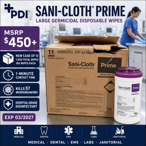MSRP $450 NEW CASE OF 12 PDI SANI-CLOTH PRIME LARGE GERMICIDAL DISPOSABLE WIPE CANISTERS, 160 WIPES EACH (1,920 TOTAL), 1-MINUTE HOSPITAL-GRADE DISINFECTANT, KILLS 57 MICROORGANISMS, IDEAL FOR MEDICAL, DENTAL, EMS, LABS &amp JANITORIAL USE, EXP 032027