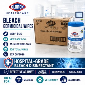 MSRP $120 NEW CASE 6 CLOROX HEALTHCARE BLEACH GERMICIDAL WIPE CANISTERS, 70 LARGE WIPES EACH, HOSPITAL-GRADE BLEACH DISINFECTANT, EFFECTIVE AGAINST C. DIFF SPORES, NOROVIRUS &amp CANDIDA AURIS, MEDICAL, VETERINARY &amp JANITORIAL USE, EXP 826