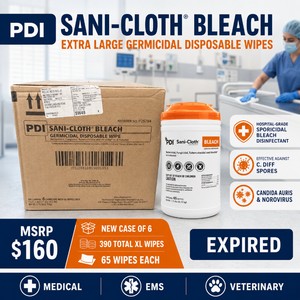 MSRP $160 NEW CASE 6 PDI SANI-CLOTH BLEACH EXTRA-LARGE GERMICIDAL WIPE CANISTERS, 65 XL WIPES EACH, HOSPITAL-GRADE SPORICIDAL BLEACH DISINFECTANT, EFFECTIVE AGAINST C. DIFF SPORES, CANDIDA AURIS &amp NOROVIRUS, MEDICAL, EMS &amp VETERINARY USE, EXPIRED