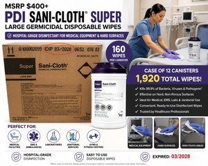 MSRP $400 NEW CASE OF 12 PDI SANI-CLOTH SUPER LARGE GERMICIDAL DISPOSABLE WIPE CANISTERS, 160 WIPES EACH (1,920 TOTAL), HOSPITAL-GRADE DISINFECTANT FOR MEDICAL EQUIPMENT &amp HARD SURFACES, IDEAL FOR MEDICAL, EMS, LABS &amp JANITORIAL USE, EXP 1126