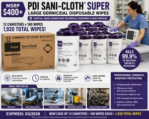 MSRP $400 NEW CASE OF 12 PDI SANI-CLOTH SUPER LARGE GERMICIDAL DISPOSABLE WIPE CANISTERS, 160 WIPES EACH (1,920 TOTAL), HOSPITAL-GRADE DISINFECTANT FOR MEDICAL EQUIPMENT &amp HARD SURFACES, IDEAL FOR MEDICAL, EMS, LABS &amp JANITORIAL USE, EXP 1126