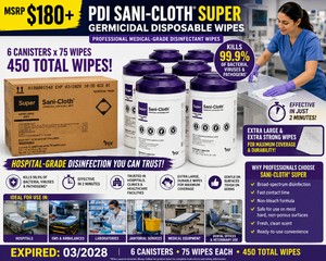 MSRP $180 NEW CASE OF 6 PDI SANI-CLOTH SUPER EXTRA-LARGE GERMICIDAL WIPE CANISTERS, 75 XL WIPES EACH (450 TOTAL), 2-MINUTE HOSPITAL-GRADE DISINFECTANT FOR MEDICAL EQUIPMENT &amp HARD SURFACES, DENTAL, EMS, VETERINARY &amp JANITORIAL USE, EXP 328