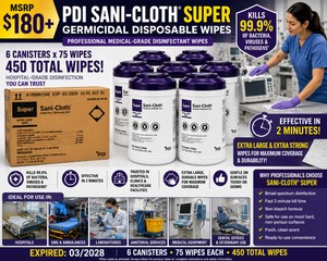 MSRP $180 NEW CASE OF 6 PDI SANI-CLOTH SUPER EXTRA-LARGE GERMICIDAL WIPE CANISTERS, 75 XL WIPES EACH (450 TOTAL), 2-MINUTE HOSPITAL-GRADE DISINFECTANT FOR MEDICAL EQUIPMENT &amp HARD SURFACES, DENTAL, EMS, VETERINARY &amp JANITORIAL USE, EXP 328