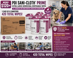 MSRP $120 NEW 1 CASE OF 6 PDI SANI-CLOTH� PRIME EXTRA LARGE GERMICIDAL DISPOSABLE WIPE CANISTERS, 420 TOTAL WIPES, ADVANCED LOW-ODOR HOSPITAL-GRADE QUAT DISINFECTANT IDEAL FOR SCHOOLS, JANITORIAL, LABORATORIES &amp FITNESS FACILITIES EXP 1226