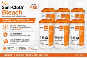 MSRP $180 NEW CASE 6 PDI SANI-CLOTH BLEACH EXTRA-LARGE GERMICIDAL WIPE CANISTERS, 65 XL WIPES EACH, HOSPITAL-GRADE SPORICIDAL BLEACH DISINFECTANT, EFFECTIVE AGAINST C. DIFF SPORES, CANDIDA AURIS &amp NOROVIRUS, MEDICAL, EMS &amp VETERINARY USE, EXPIRED