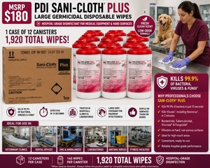 MSRP $180 NEW CASE 12 PDI SANI-CLOTH PLUS LARGE GERMICIDAL WIPE CANISTERS, 160 WIPES EACH, HOSPITAL-GRADE DISINFECTANT FOR MEDICAL EQUIPMENT &amp HARD SURFACES, MEDICAL, DENTAL, EMS &amp JANITORIAL USE, EXP 082027