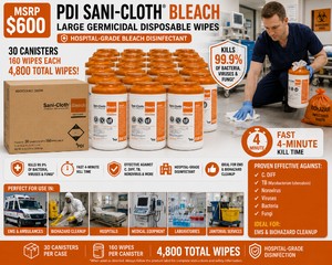 MSRP $600 NEW 30 PDI SANI-CLOTH� BLEACH LARGE GERMICIDAL DISPOSABLE WIPES, HOSPITAL-GRADE BLEACH DISINFECTANT, FAST 4-MINUTE KILL TIME, EFFECTIVE AGAINST C. DIFF, TB, NOROVIRUS, VIRUSES, BACTERIA &amp FUNGI, FOR EMS &amp BIOHAZARD CLEANUP EXPIRED