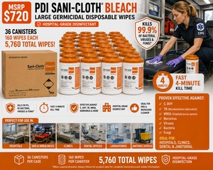 MSRP $720 NEW 36 PDI SANI-CLOTH� BLEACH LARGE GERMICIDAL DISPOSABLE WIPES, HOSPITAL-GRADE DISINFECTANT, FAST 4-MINUTE KILL TIME, EFFECTIVE AGAINST C. DIFF, TB, MRSA, NOROVIRUS, BACTERIA &amp FUNGI, FOR HOSPITALS, CLINICS, DENTAL &amp JANITORIAL EXP626