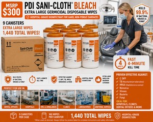 MSRP $300 NEW 9 PDI SANI-CLOTH� BLEACH EXTRA LARGE GERMICIDAL DISPOSABLE WIPES, EXTRA-LARGE WIPES FOR FASTER SURFACE COVERAGE, FAST 4-MINUTE KILL TIME, EFFECTIVE AGAINST C. DIFF, TB, MRSA, NOROVIRUS, VIRUSES, BACTERIA FOR HOSPITALS ETC, EXPIRED