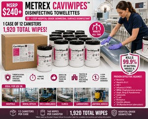 MSRP $240 NEW CASE 12 METREX CAVIWIPES DISINFECTING TOWELETTES, 160 WIPES PER CANISTER, 1-STEP HOSPITAL-GRADE GERMICIDAL SURFACE DISINFECTANT, 1-MINUTE KILL TIME, TUBERCULOCIDAL, BACTERICIDAL &amp VIRUCIDAL, IDEAL FOR HOSPITALS EXP 527
