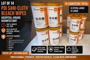 MSRP $280 LOT 14 NEW PDI SANI-CLOTH� BLEACH GERMICIDAL DISPOSABLE WIPE CANISTERS, 8 EXTRA LARGE &amp 6 LARGE, HOSPITAL-GRADE BLEACH DISINFECTANT, FAST 4-MINUTE KILL TIME, EFFECTIVE AGAINST C. DIFF, TB, MRSA, NOROVIRUS, VIRUSES, BACTERIA &amp FUNGI