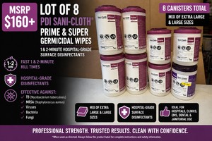MSRP $160 LOT OF 8 PDI SANI-CLOTH� PRIME &amp SUPER SANI-CLOTH� GERMICIDAL DISPOSABLE WIPE CANISTERS, MIX EXTRA LARGE &amp LARGE SIZES, 1 &amp 2-MINUTE HOSPITAL-GRADE SURFACE DISINFECTANTS, EFFECTIVE AGAINST TB, MRSA, VIRUSES, BACTERIA &amp FUNGI