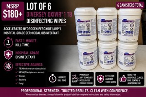 MSRP $180 LOT OF 6 DIVERSEY OXIVIR� 1 TB DISINFECTING WIPES, ACCELERATED HYDROGEN PEROXIDE (AHP�) HOSPITAL-GRADE GERMICIDAL DISINFECTANT, FAST 1-MINUTE KILL TIME, EFFECTIVE AGAINST TB, MRSA, VIRUSES, BACTERIA &amp FUNGI