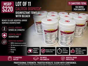 MSRP $220 11 CALTECH DISPATCH� HOSPITAL CLEANER DISINFECTANT TOWELS WITH BLEACH, 150 WIPES PER CANISTER, READY-TO-USE HOSPITAL-GRADE SURFACE DISINFECTANT, KILLS C. DIFFICILE SPORES IN 3 MINUTES, EFFECTIVE AGAINST MRSA, TB, VIRUSES, BACTERIA &amp FUNGI