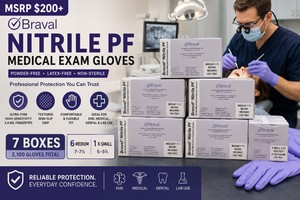 MSRP $200 LOT OF 7 BRAVAL NITRILE PF MEDICAL EXAM GLOVE BOXES (2,100 GLOVES TOTAL), 6 MEDIUM &amp 1 X-SMALL, POWDER-FREE, LATEX-FREE, HIGH-SENSITIVITY 2.4 MIL FINGERTIPS, TEXTURED NON-SLIP GRIP, EMS, MEDICAL, DENTAL &amp LAB USE