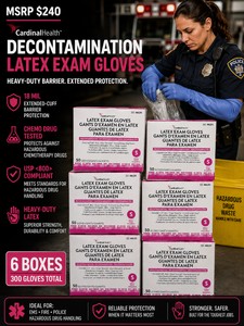 MSRP $240 - 6 CARDINAL HEALTH HEAVY-DUTY DECONTAMINATION LATEX EXAM GLOVE BOXES (300 GLOVES), 18 MIL EXTENDED-CUFF BARRIER PROTECTION, CHEMO DRUG TESTED, USP &lt800&gt COMPLIANT, CENTRAL STERILE PROCESSING, HAZARDOUS DRUG HANDLING EMSFIRE USE
