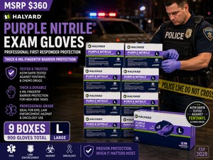 MSRP $360 - 9 HALYARD PURPLE NITRILE� PROFESSIONAL FIRST RESPONDER EXAM GLOVE BOXES (900 LG GLOVES), THICK 6 MIL FINGERTIP BARRIER PROTECTION, ASTM D6978 TESTED AGAINST FENTANYL &amp CHEMO DRUGS, EMS, LAW ENFORCEMENT, HAZMAT &amp ONCOLOGY USE EXP 2029