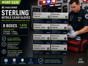 MSRP $320 8 HALYARD STERLING� PROFESSIONAL&nbspFIRST RESPONDER&nbspNITRILE EXAM GLOVE BOXES (1,600 GLOVES), SIZES (2 MED, 1 SM, 3 XL, 2 LG)&nbsp4,7 MIL FINGERTIP BARRIER PROTECTION, TESTED EFFECTIVE BARRIER AGAINST FENTANYL52 CHEMO DRUGS EXP 2029