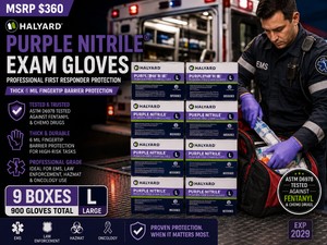 MSRP $360 - 9 HALYARD PURPLE NITRILE� PROFESSIONAL FIRST RESPONDER EXAM GLOVE BOXES (900 LG GLOVES), THICK 6 MIL FINGERTIP BARRIER PROTECTION, ASTM D6978 TESTED AGAINST FENTANYL &amp CHEMO DRUGS, EMS, LAW ENFORCEMENT, HAZMAT &amp ONCOLOGY USE EXP 2029