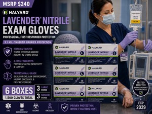 MSRP $240 6 HALYARD LAVENDER� PROFESSIONAL FIRST RESPONDER NITRILE EXAM GLOVE BOXES (1,500 GLOVES), SIZES (3 LG, 3 MED) 3.1 MIL FINGERTIP BARRIER PROTECTION, TESTED EFFECTIVE BARRIER AGAINST 42 CHEMO DRUGS EXP 2029