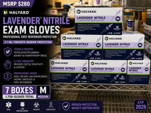 MSRP $280 7 HALYARD LAVENDER� PROFESSIONAL FIRST RESPONDER NITRILE EXAM GLOVE BOXES (1,750 GLOVES), SIZE MED 3.1 MIL FINGERTIP BARRIER PROTECTION, TESTED EFFECTIVE BARRIER AGAINST 42 CHEMOTHERAPY DRUGS EXP 2029