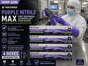 MSRP $200 4 HALYARD PURPLE NITRILE MAX FIRST RESPONDER EXTENDED CUFF EXAM GLOVE BOXES (200 GLOVES), SIZES (3 SM, 1 MED) 16 MID-FOREARM MAX BARRIER PROTECTION, 2X THICKER THAN NITRILE-XTRA, TEXTURED FINGER &amp GRIP, TESTED AGAINST DRUGS EXP 2029