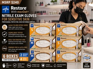 MSRP $240 6 MEDLINE RESTORE� MAXOAT PROFESSIONAL NITRILE EXAM GLOVE BOXES (1,500 GLOVES), SIZES (4 SM, 2 MED) FOR SENSITIVE SKIN, COLLOIDAL OATMEAL COATING HELPS REPAIRRESTORE SKIN, CHEMO DRUG TESTED ASTM D6978, POWDERLATEX-FREE