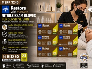 MSRP $240 6 MEDLINE RESTORE� MAXOAT PROFESSIONAL NITRILE EXAM GLOVE BOXES (1,500 GLOVES), SIZE XSMALL FOR SENSITIVE SKIN, COLLOIDAL OATMEAL COATING HELPS REPAIRRESTORE SKIN, CHEMO DRUG TESTED ASTM D6978, POWDERLATEX-FREE